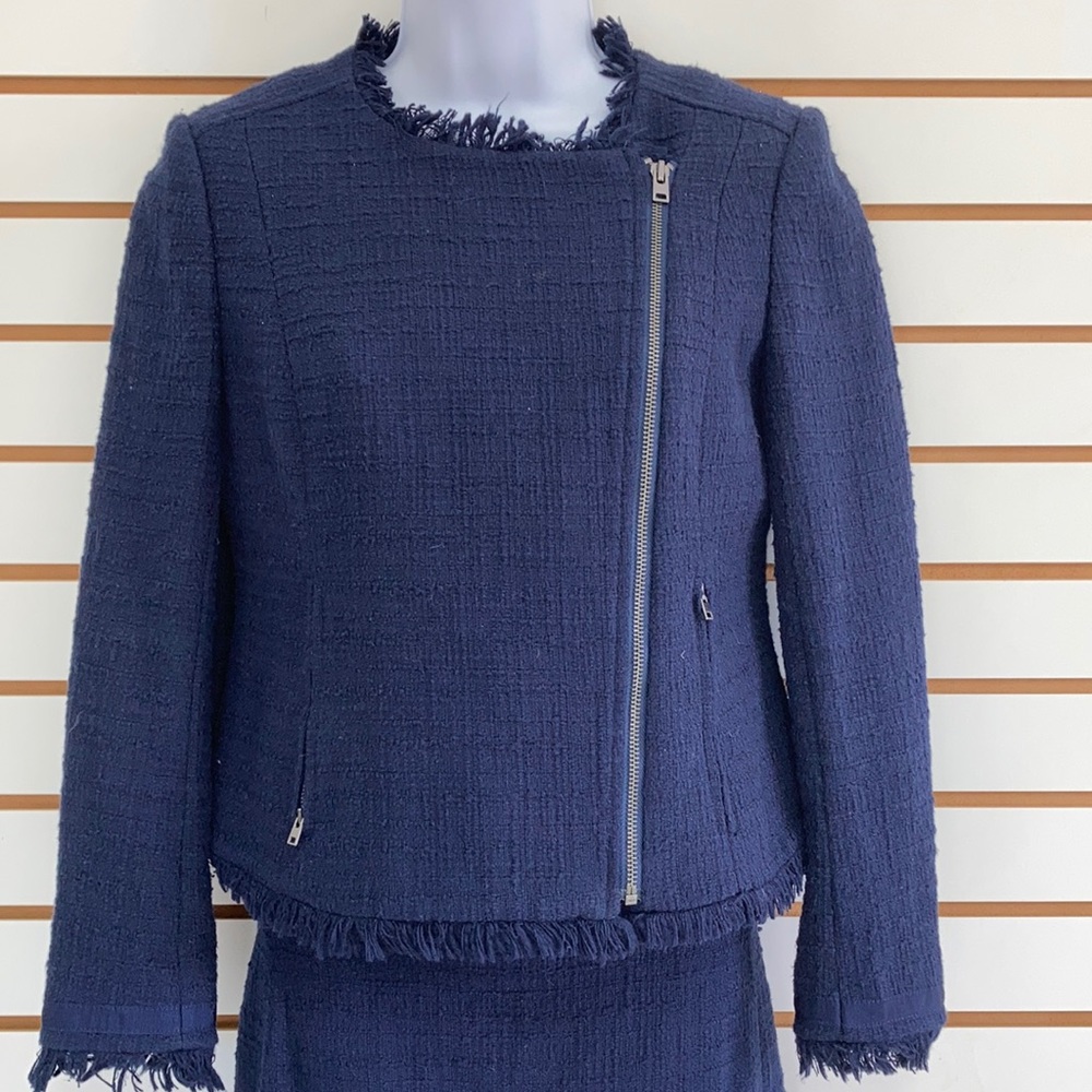 J. CREW Tweed Moto 2 pc Suit Set Jacket (6) ; Skirt (4) Navy Blue Tweed Fringe - Picture 2 of 16